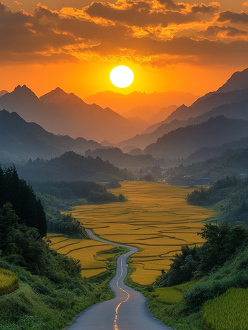 金色稻田与远山