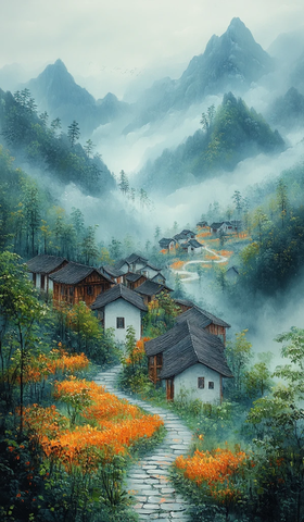 雨雾山间油菜花开