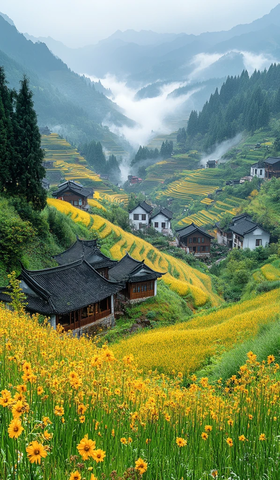 雨雾山间油菜花开