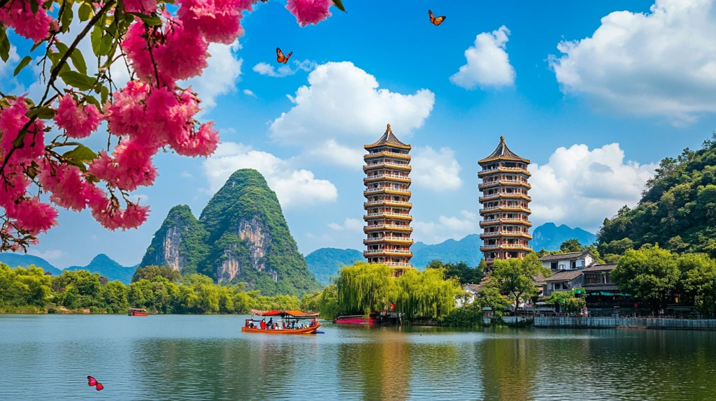 日月双塔花开蝶舞