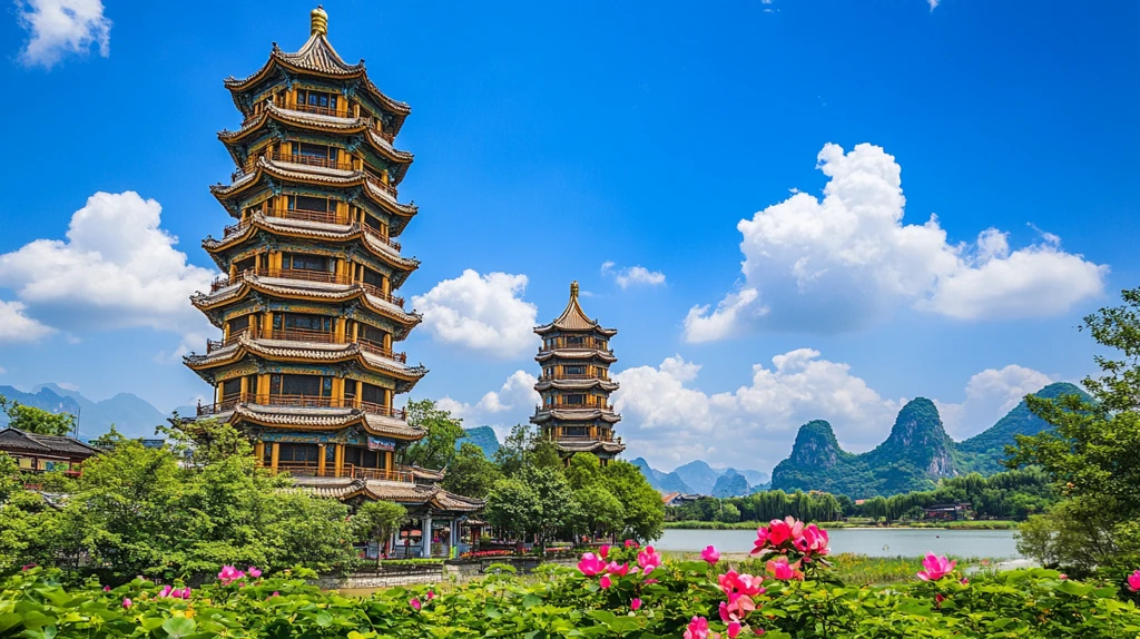 日月双塔花开蝶舞