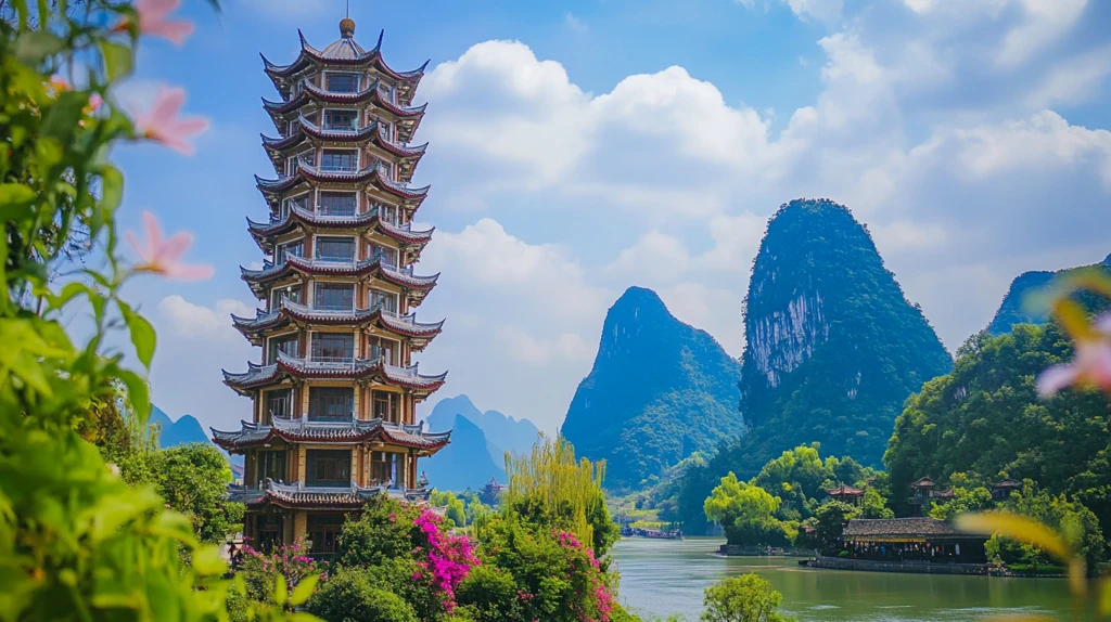 日月双塔花开蝶舞