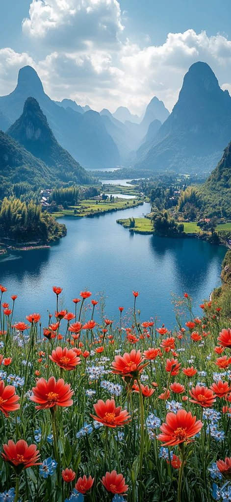 鲜花绿草山径风光