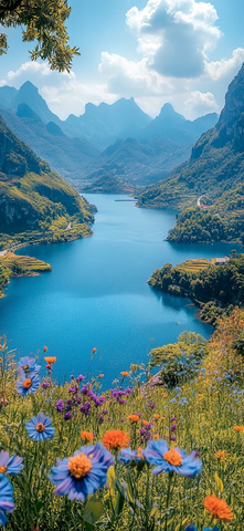 鲜花绿草山径风光