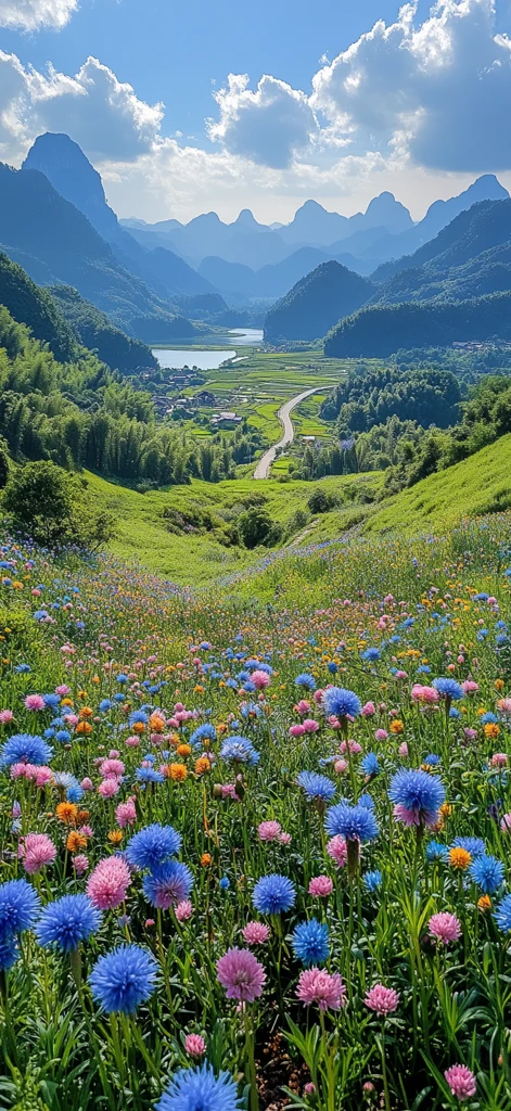 鲜花绿草山径风光