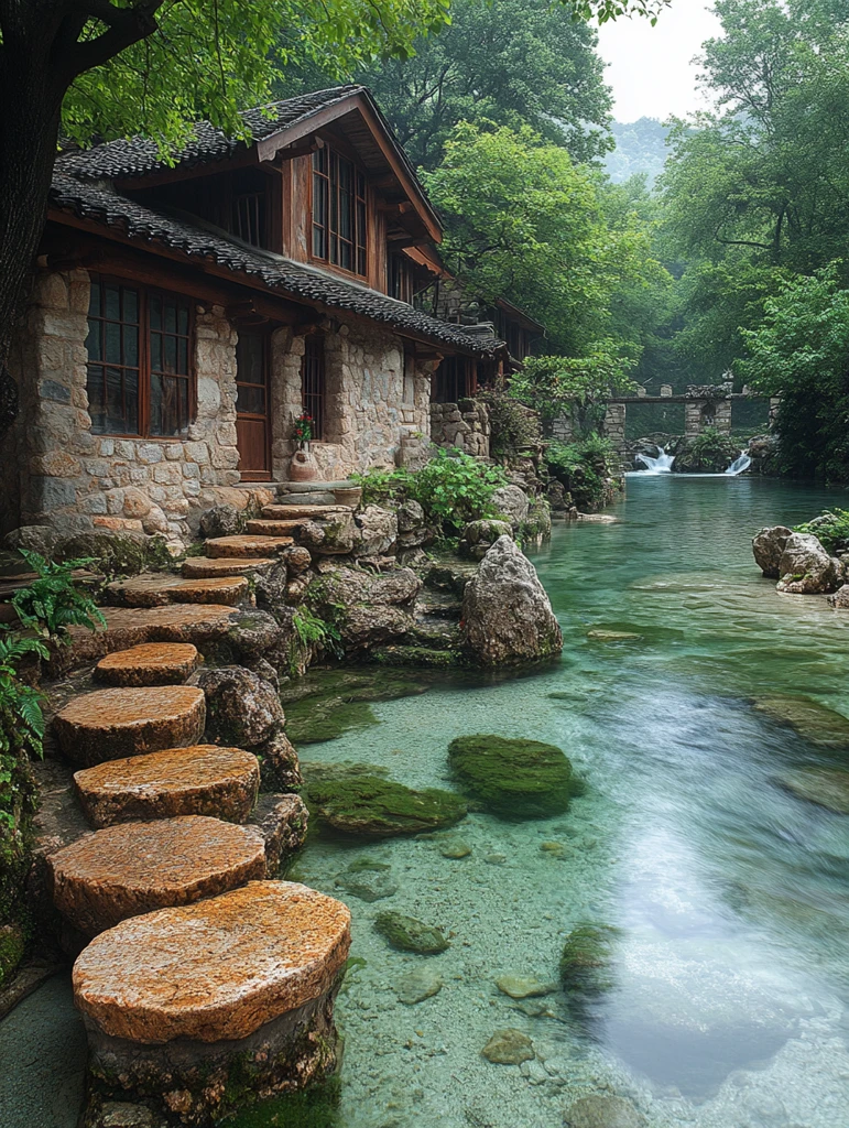 石墙木屋临水而居