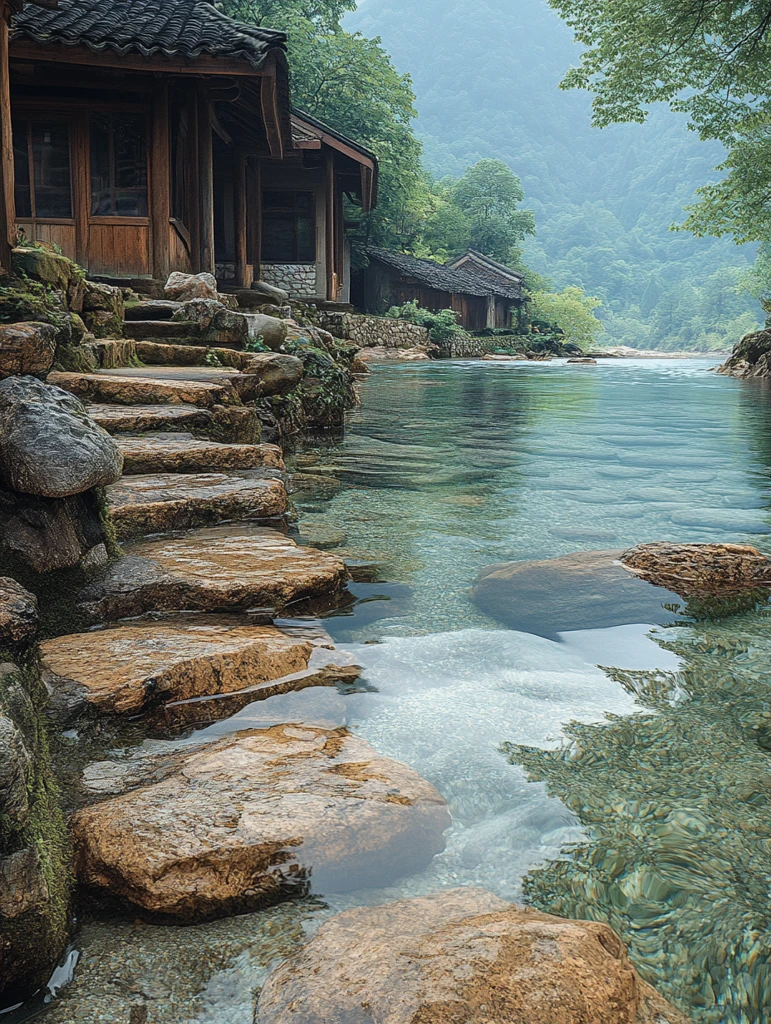 石墙木屋临水而居