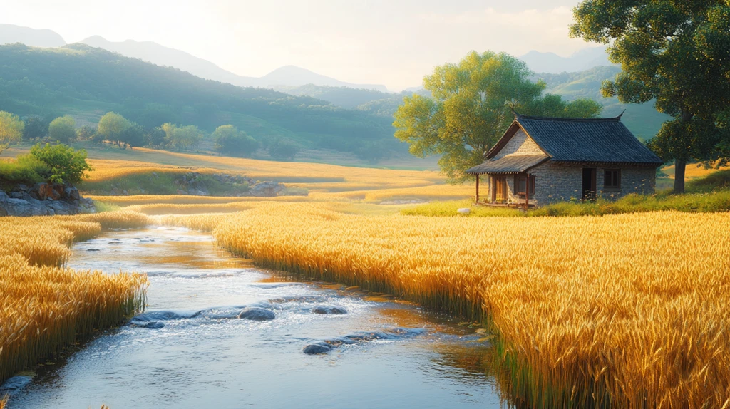 茅屋麦田溪流