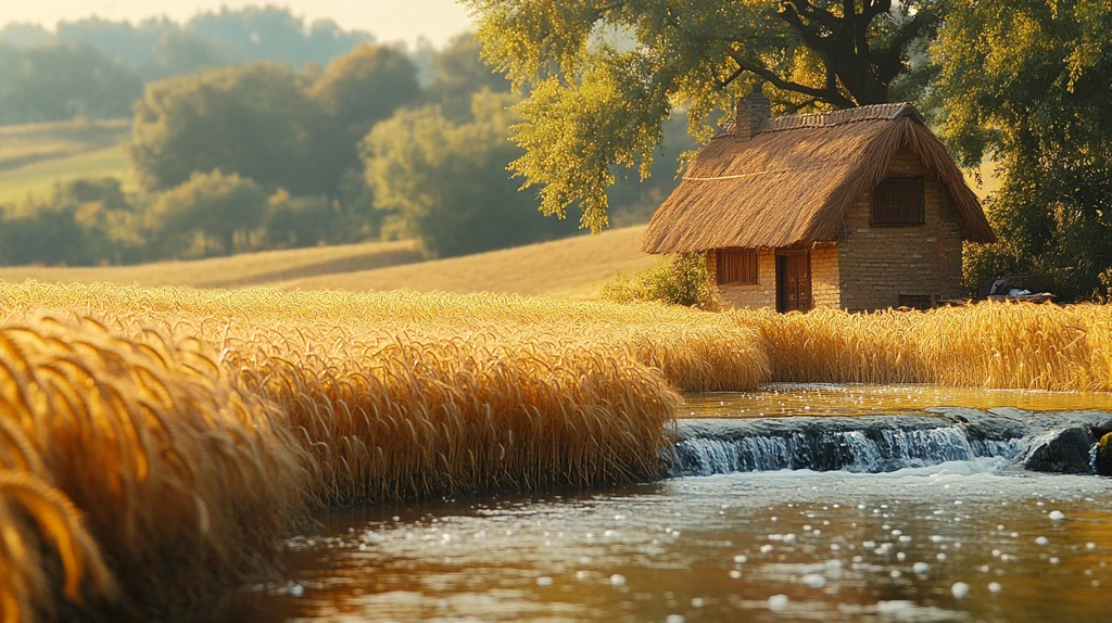 茅屋麦田溪流