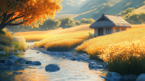 茅屋麦田溪流