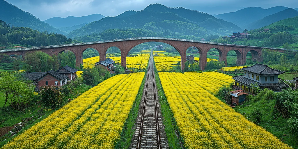 油菜花田高铁桥