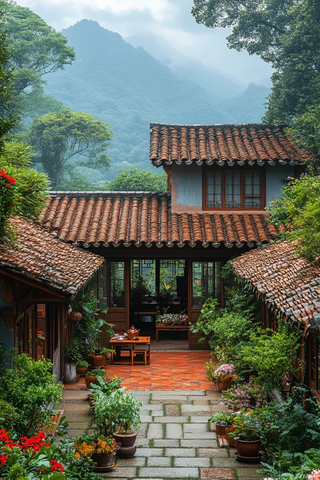红瓦绿植庭院