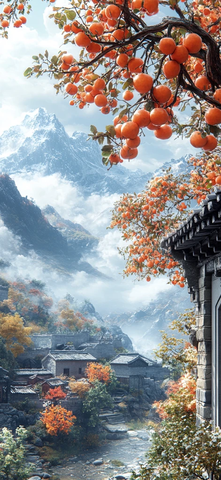 秋日山村民居图