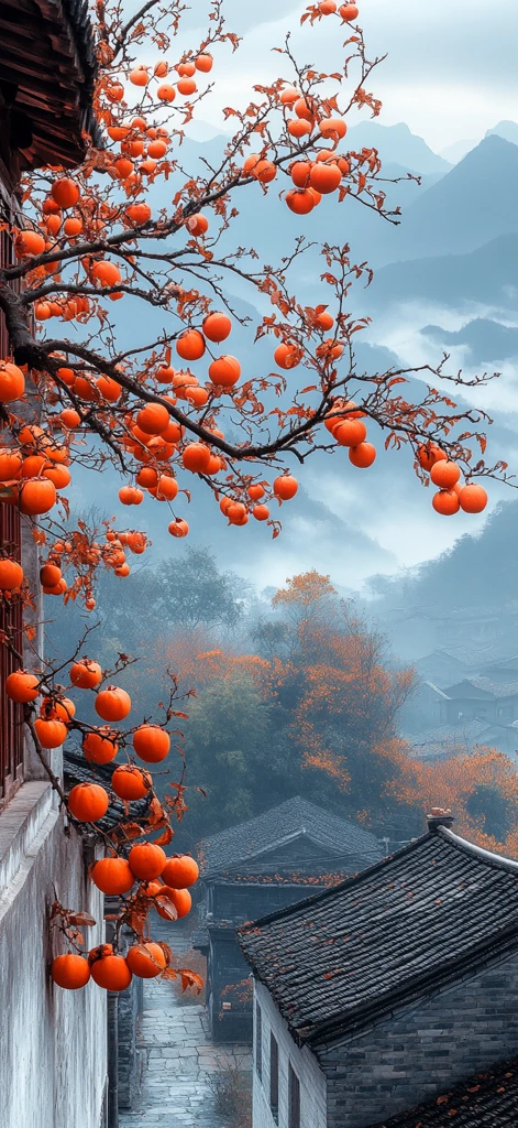 秋日山村民居图