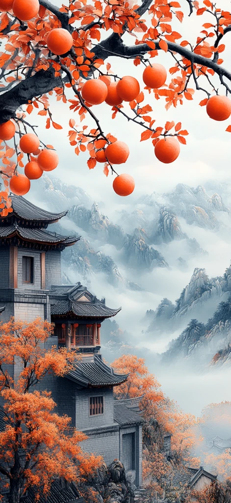 秋日山村民居图