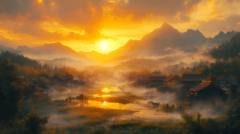 山脚村庄夕照烟