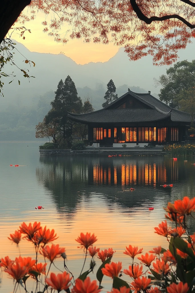 湖畔花影映青山