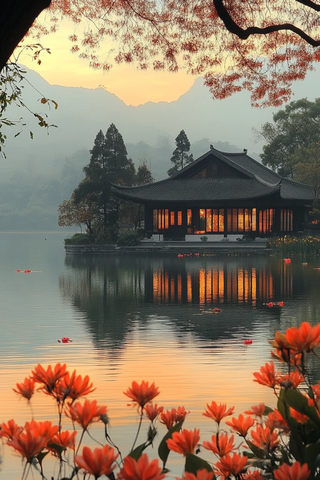 湖畔花影映青山