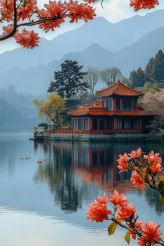 湖畔花影映青山