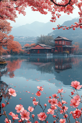 湖畔花影映青山