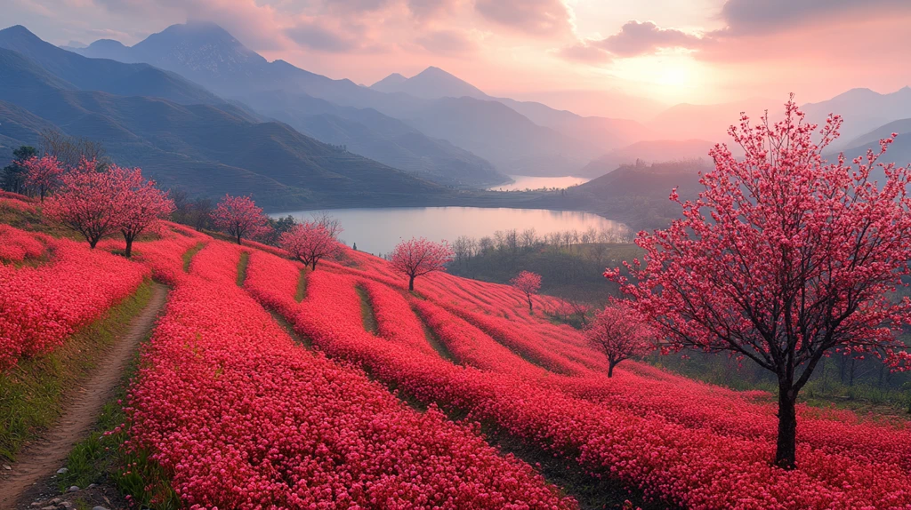 桃花李花映山湖