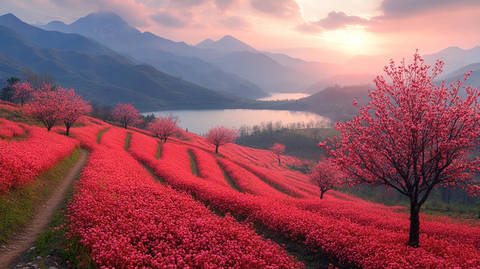 桃花李花映山湖