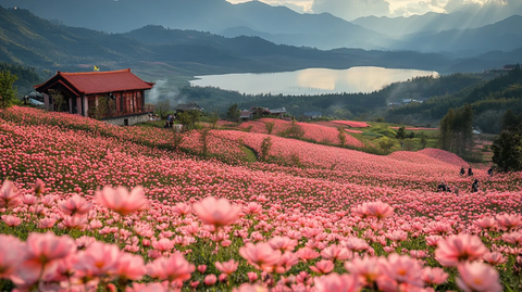 桃花李花映山湖