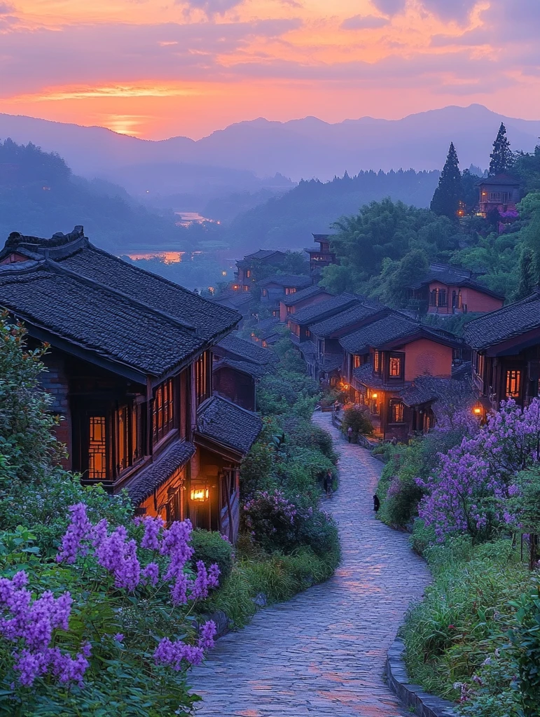 古村夕阳下的宁静