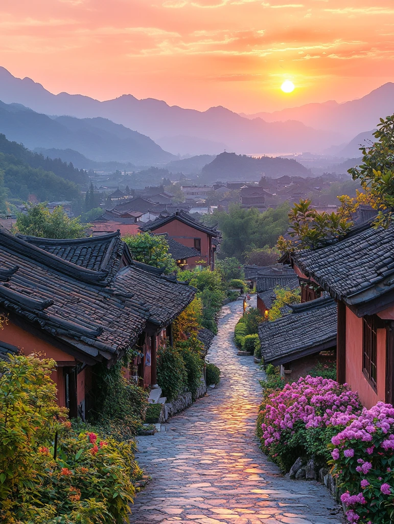 古村夕阳下的宁静