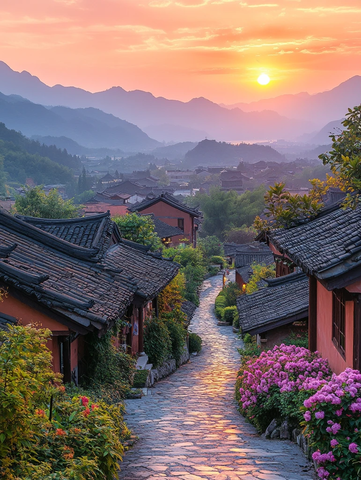 古村夕阳下的宁静