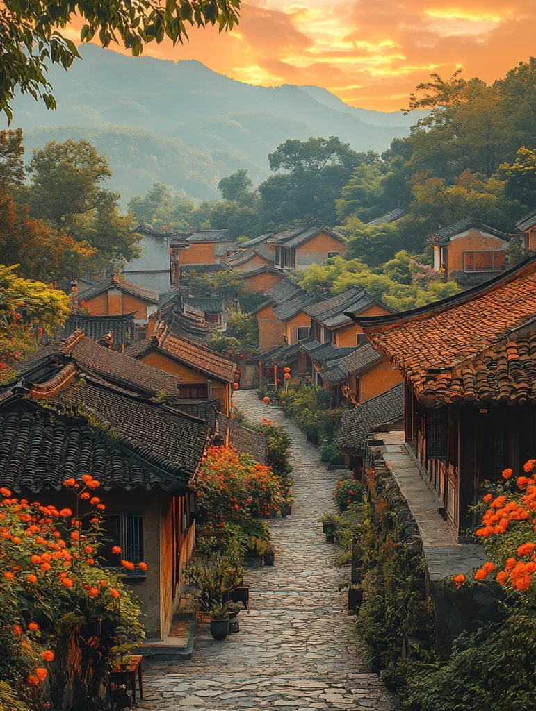 古村夕阳下的宁静