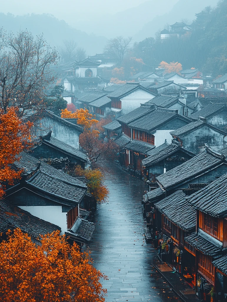 白墙黑瓦映山色