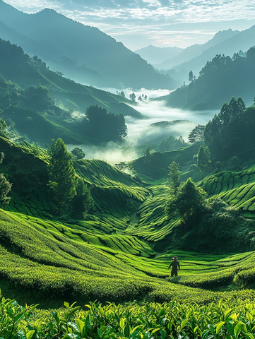 茶园晨雾采茶人