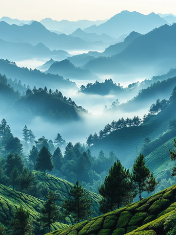 茶园晨雾采茶人