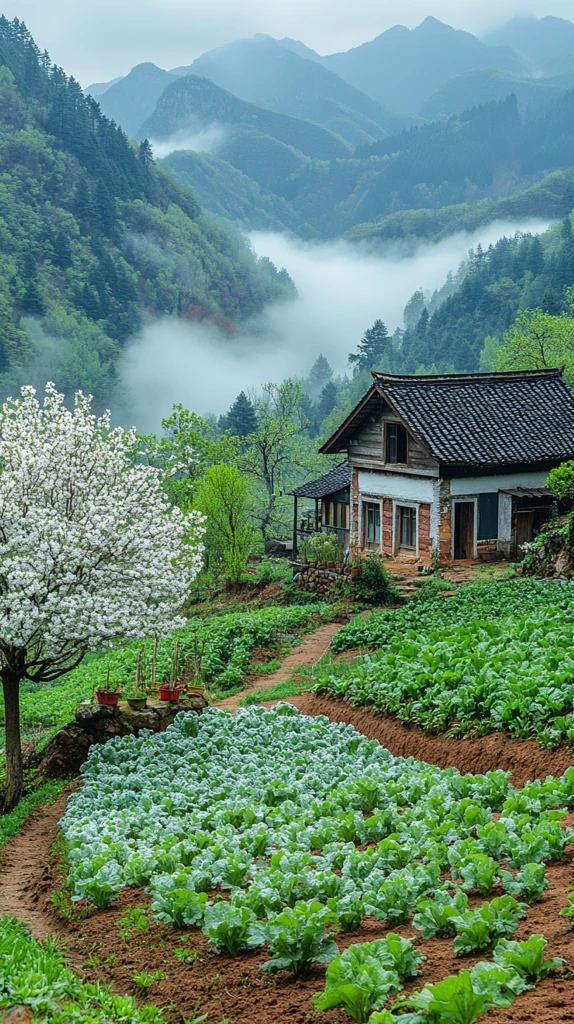 山村菜园梨花映