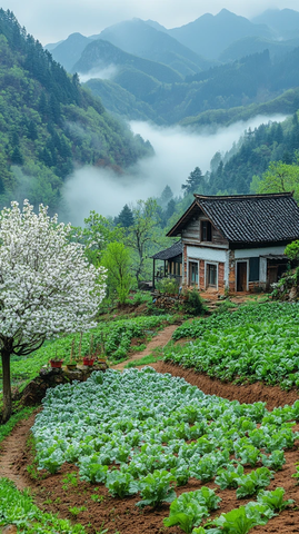 山村菜园梨花映