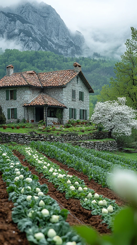 山村菜园梨花映