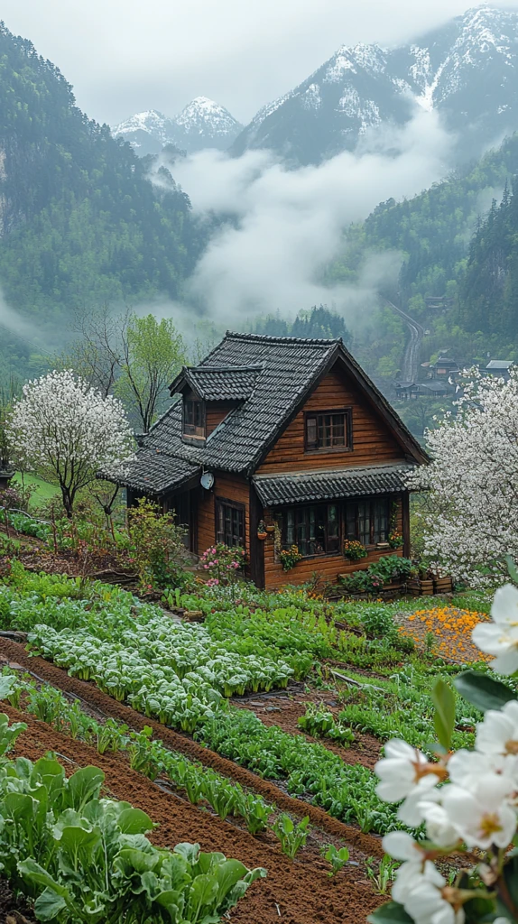 山村菜园梨花映