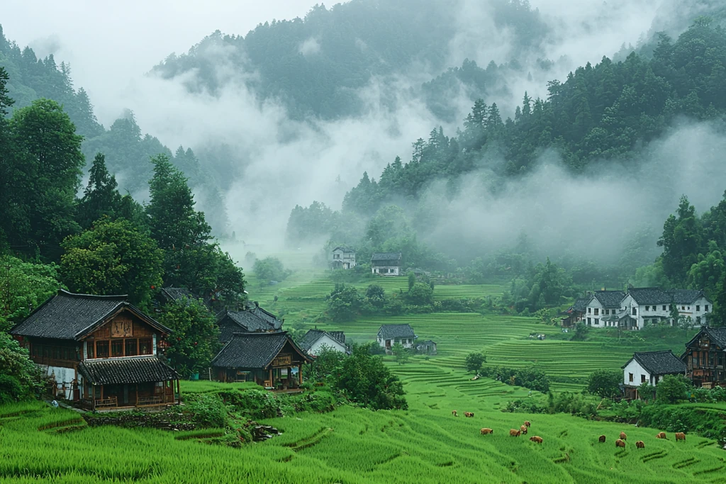 秋雨中的稻田村庄