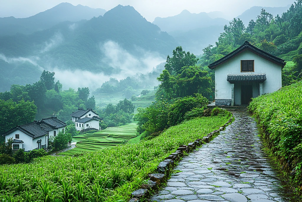 秋雨中的稻田村庄