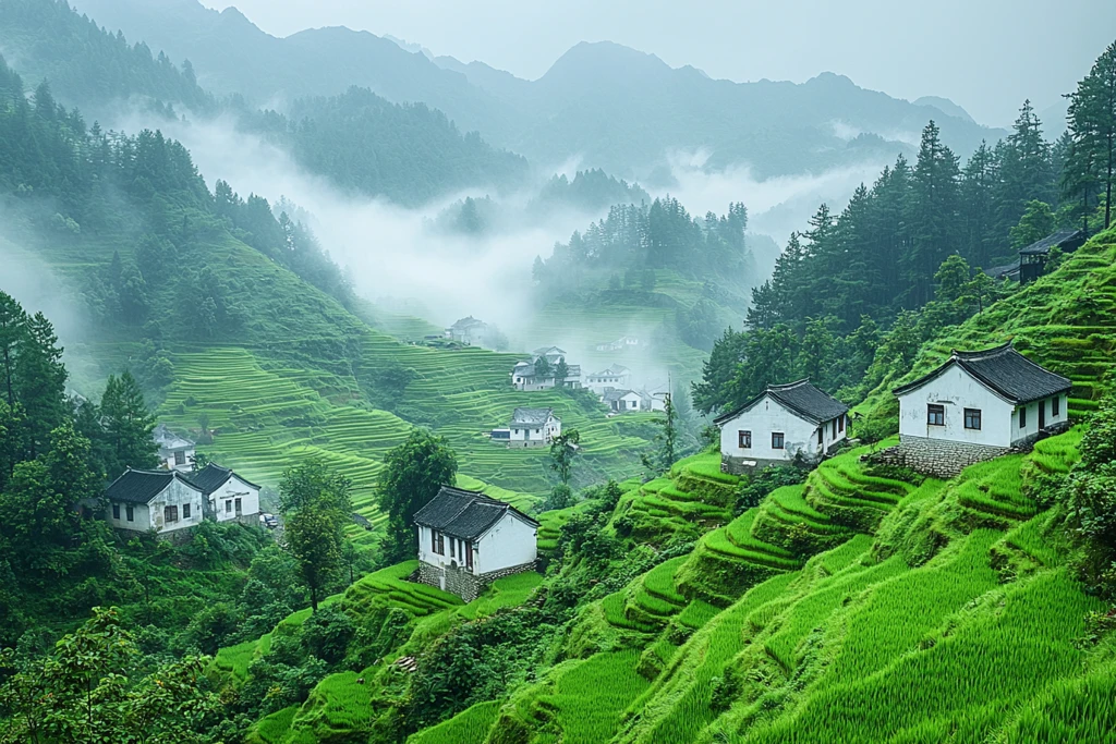 秋雨中的稻田村庄
