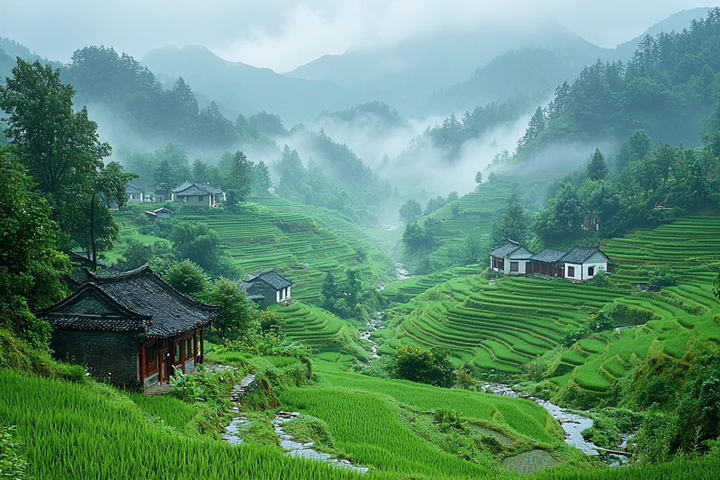 秋雨中的稻田村庄
