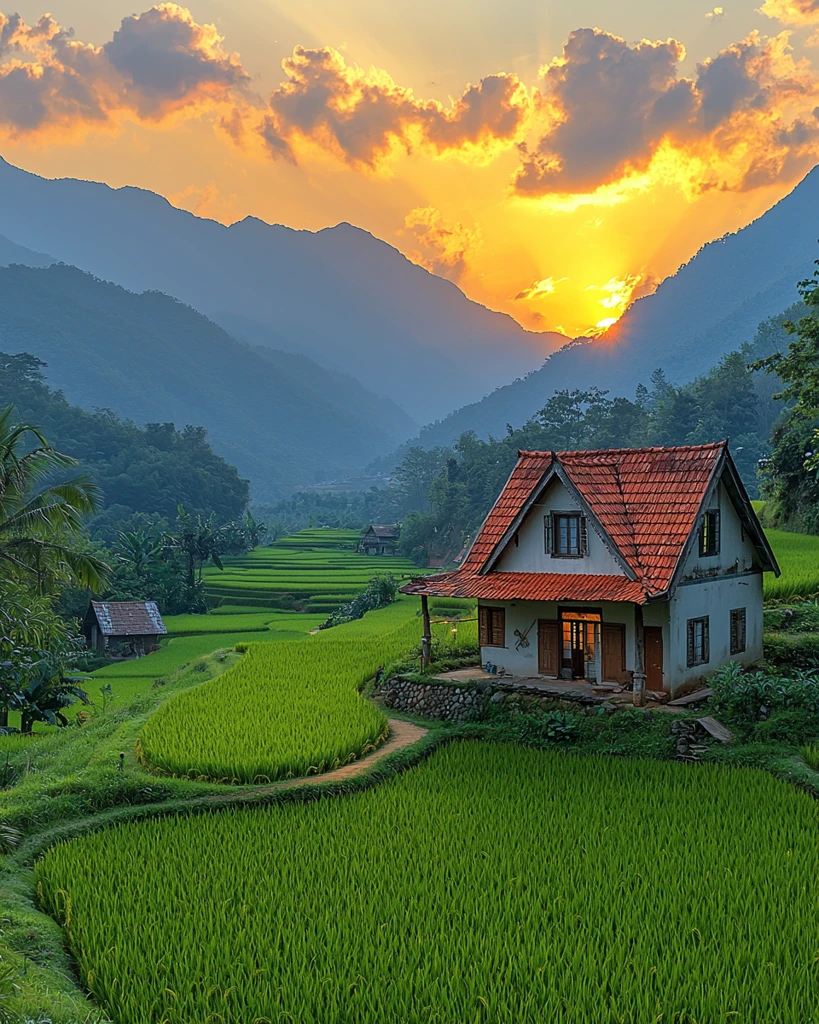 红顶小屋夕照图
