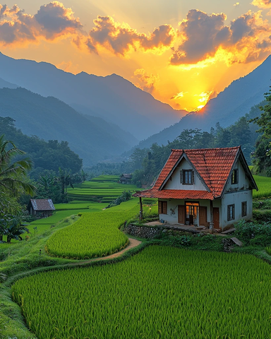 红顶小屋夕照图