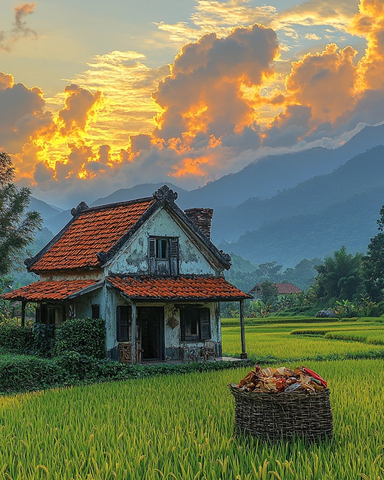 红顶小屋夕照图