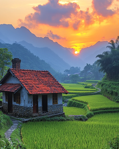 红顶小屋夕照图