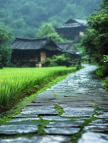雨中古村石径