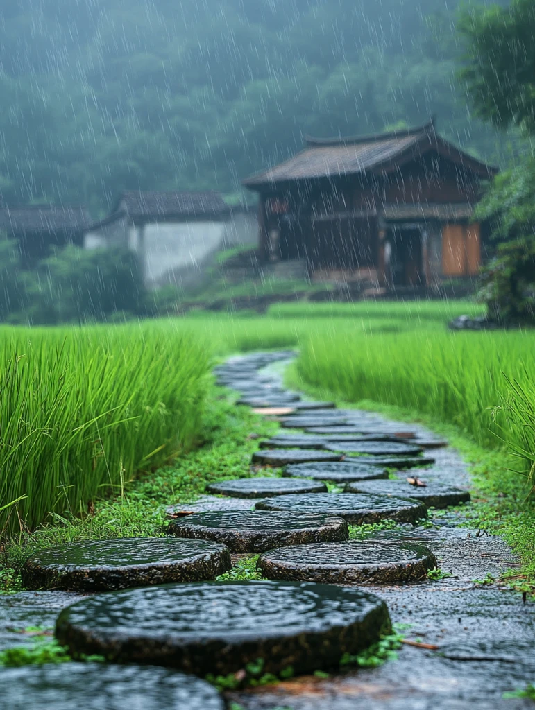 雨中古村石径