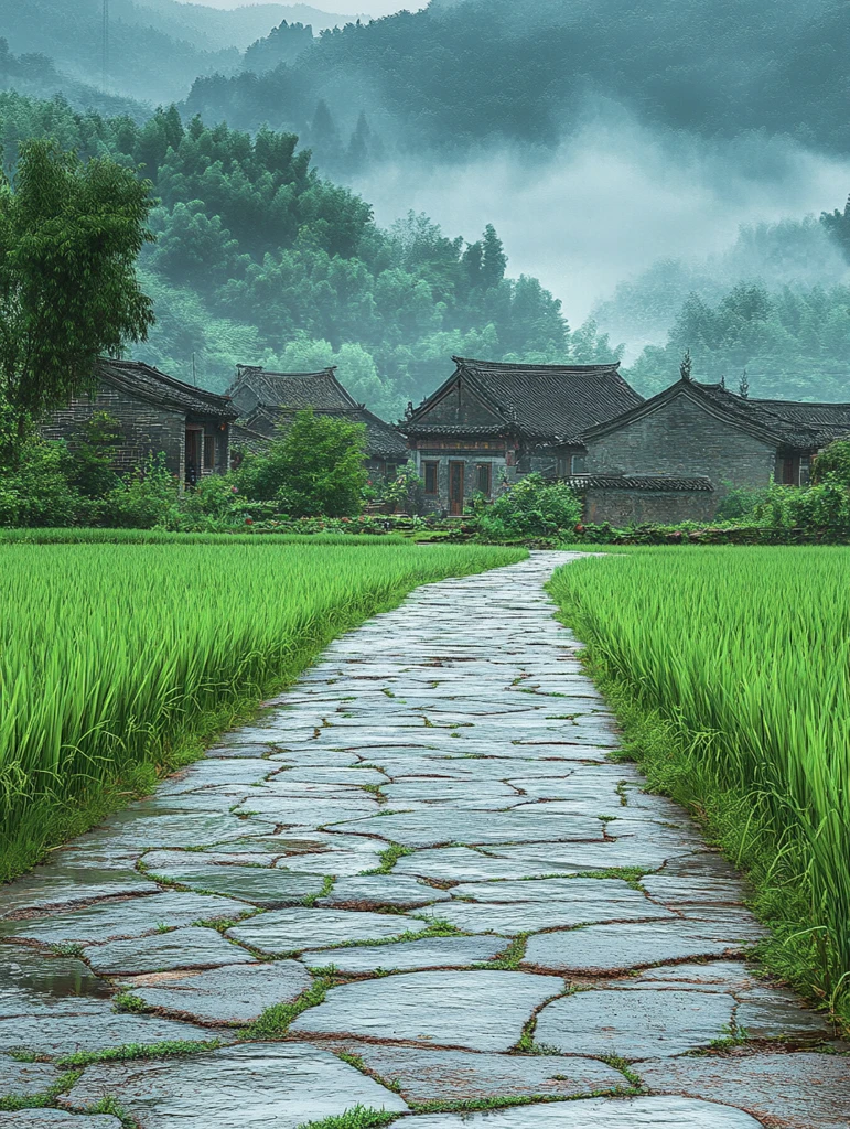 雨中古村石径