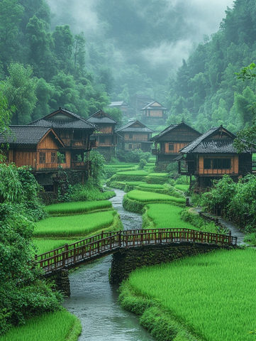 村庄稻田小桥流水
